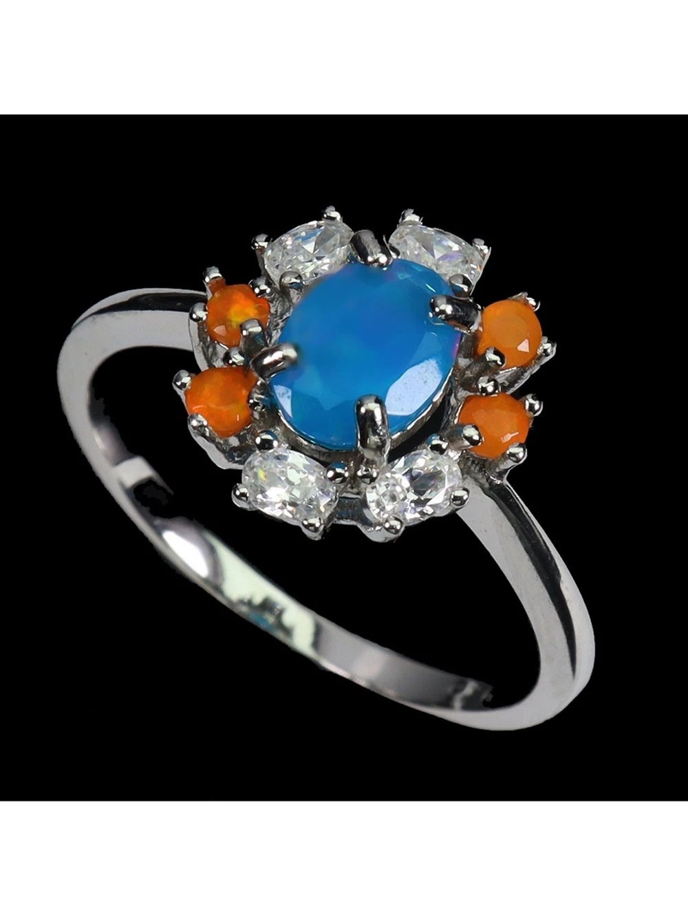 Stunning Genuine Blue & Orange Opal w/ zircon accents 925 Sterling Silver Ring 7
